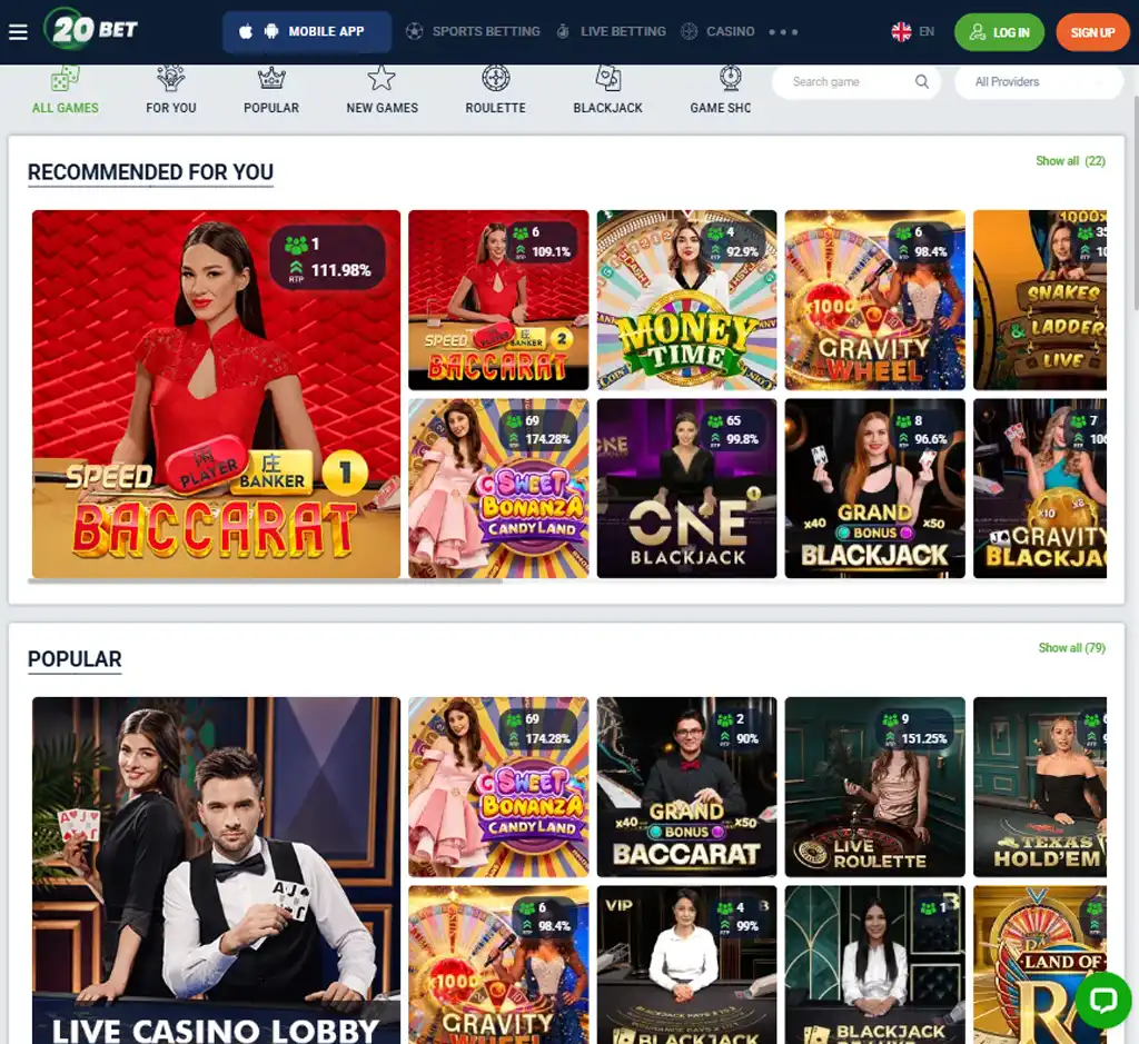 20Bet Casino desktop live casino lobby featuring live dealer games and real-time streaming interface - tested