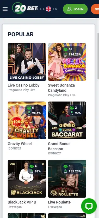 20Bet Casino mobile live casino interface showing live dealer tables including blackjack and roulette - captured during platform testing