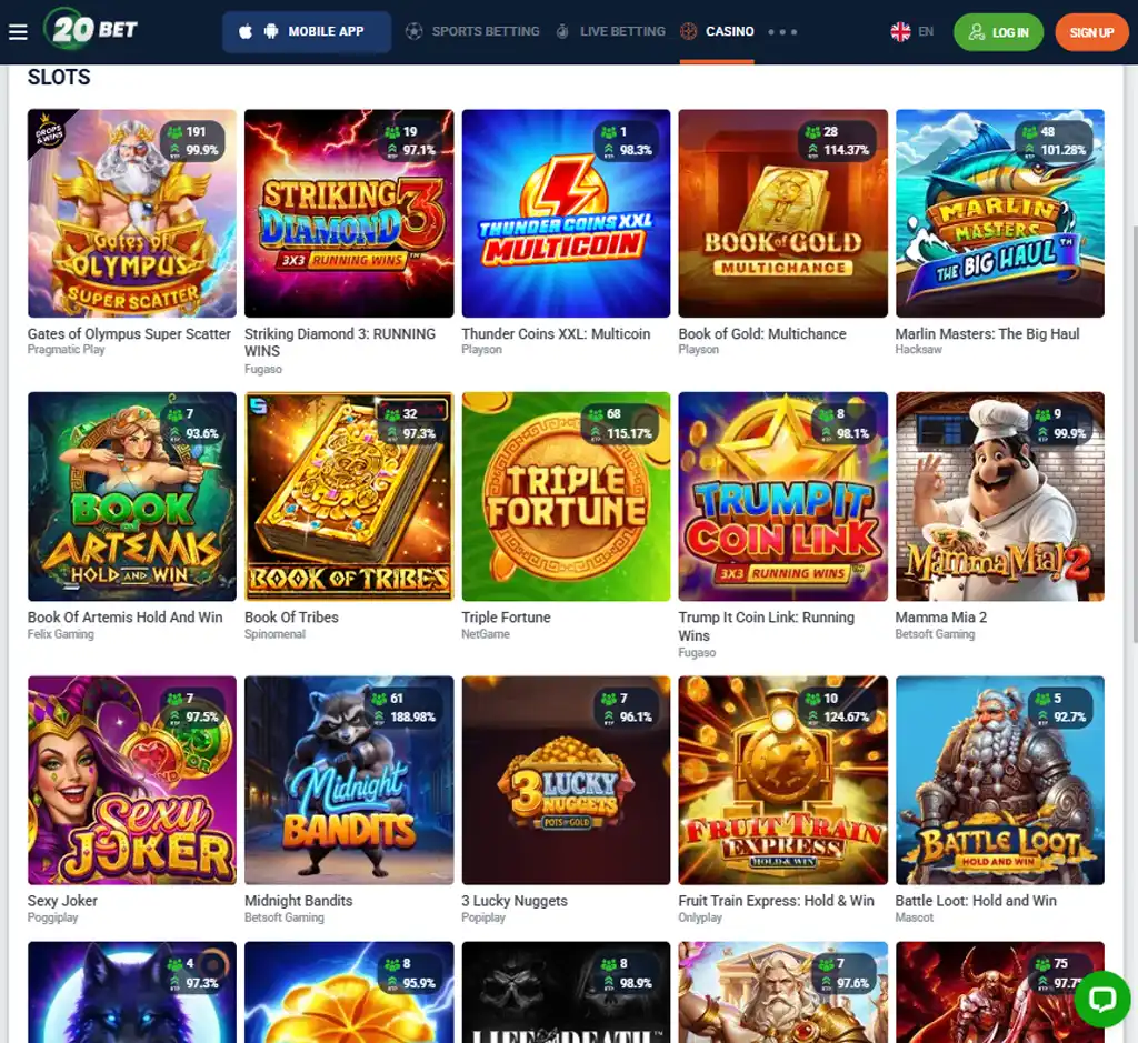 20Bet Casino desktop slots lobby presenting a variety of slot games with categories and providers - tested