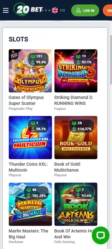 20Bet Casino mobile slots interface showing slot game selection with popular titles and filtering options - captured during platform testing
