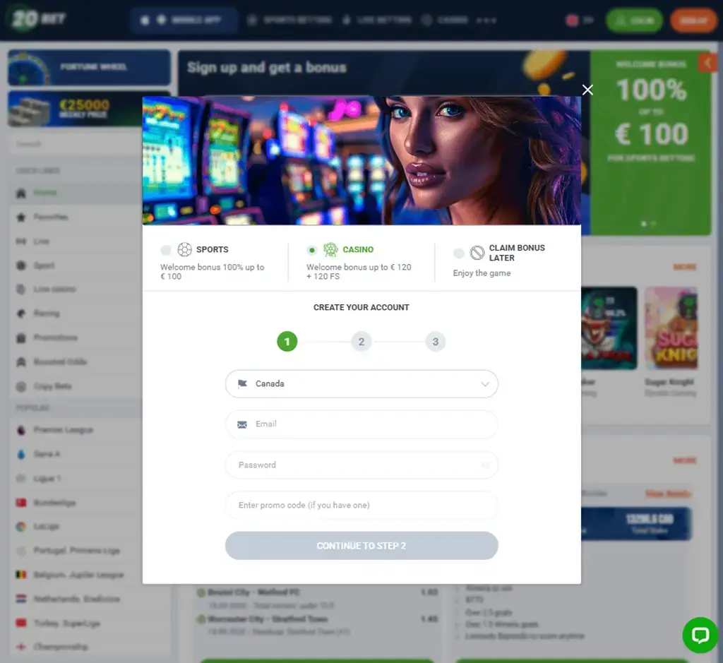 20 bet Casino signup bonus page displaying new player welcome bonus offer and promotional terms - captured during platform testing