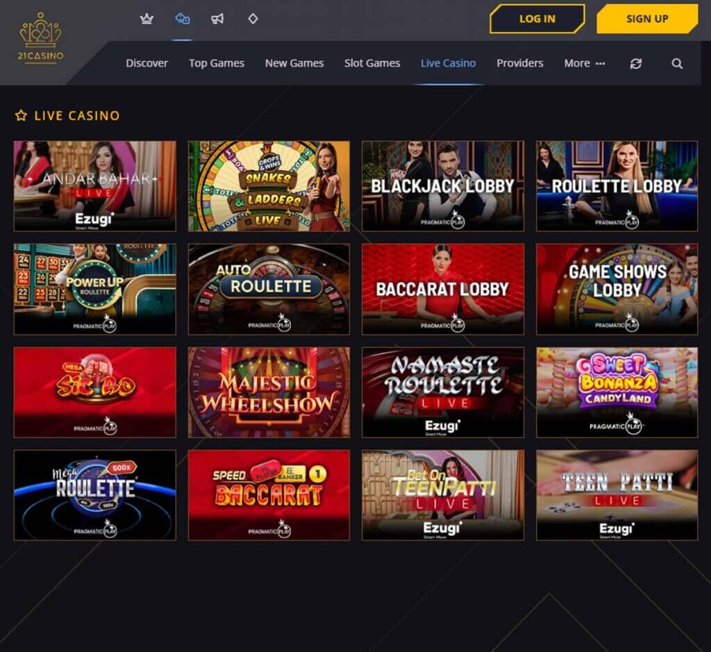 21 Casino desktop live casino lobby screenshot featuring live dealer games and real-time streaming interface - review testing