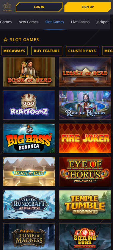 21 Casino mobile slots interface screenshot showing slot game selection with popular titles and filtering options - captured during platform testing