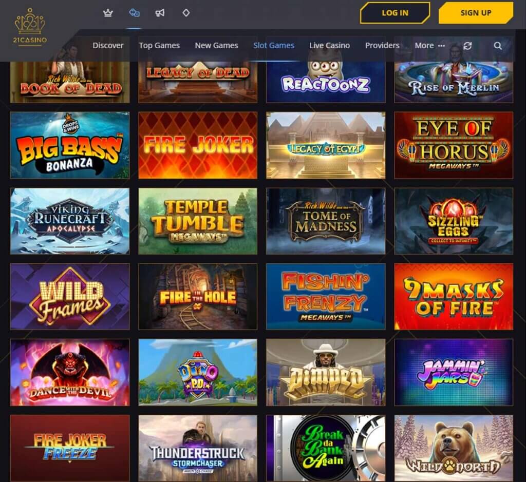 21 Casino desktop slots lobby screenshot presenting variety of slot games with categories and providers - verified