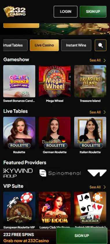 232 Casino mobile live casino interface showing live dealer tables including blackjack and roulette - captured during platform testing