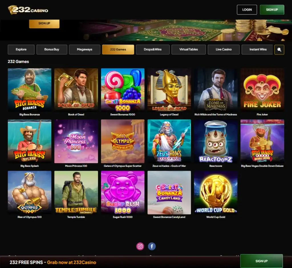 232 Casino desktop slots lobby presenting a variety of slot games with categories and providers - tested