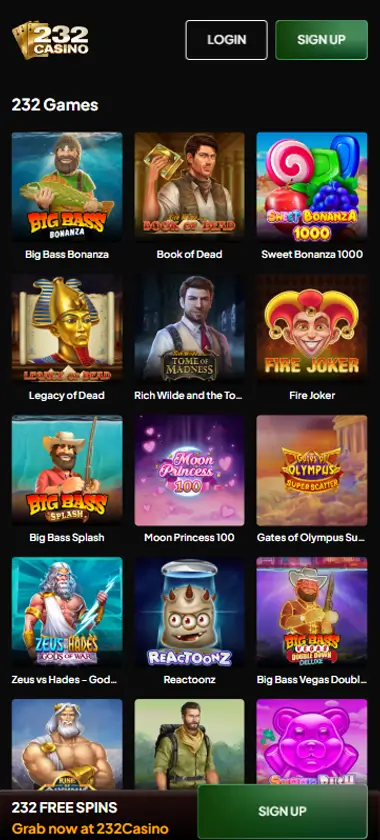 232 Casino mobile slots interface showing slot game selection with popular titles and filtering options - captured during platform testing