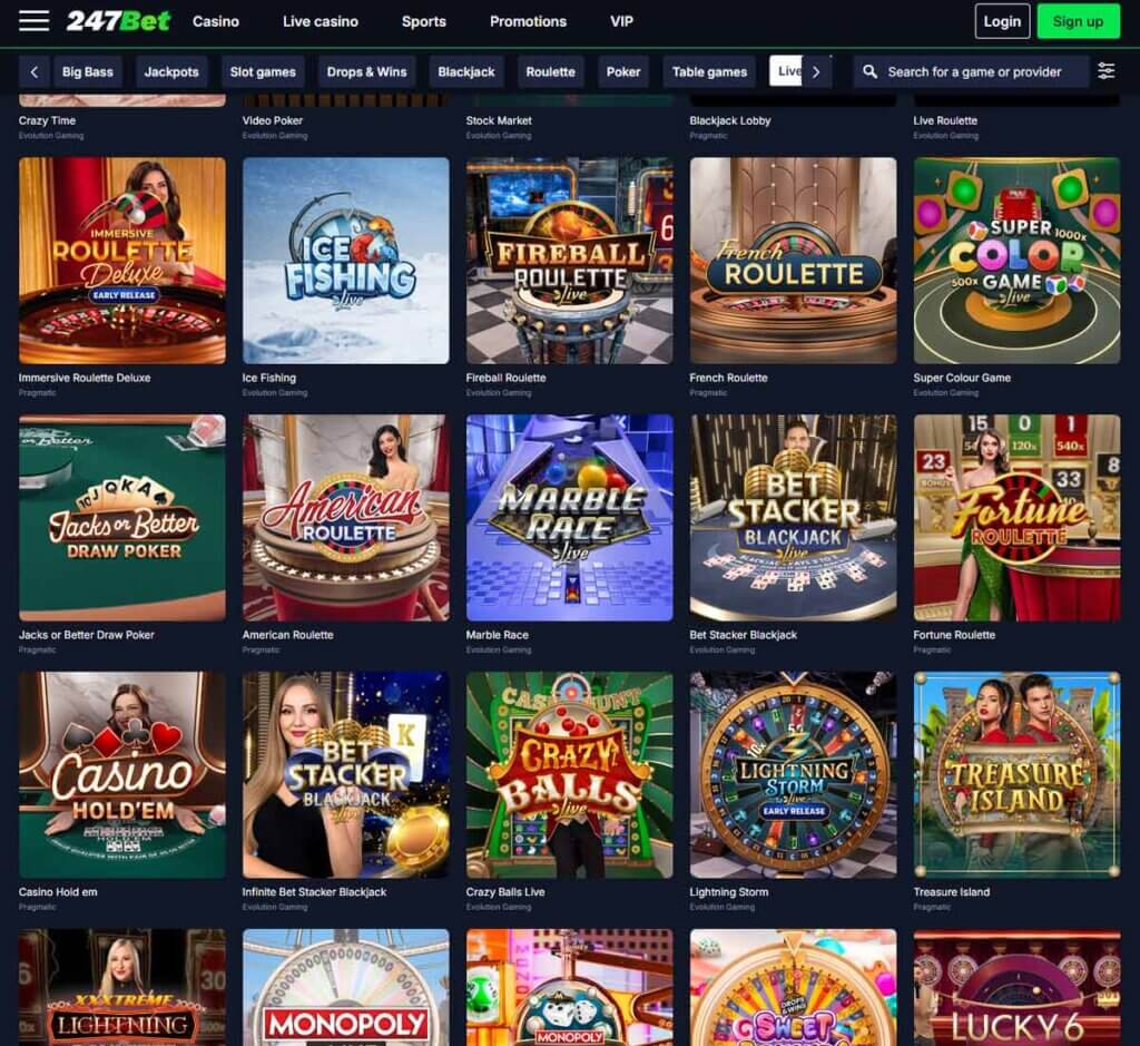 247 Bet Casino desktop live casino lobby screenshot featuring live dealer games and real-time streaming interface - review testing 247 Bet Casino desktop live casino lobby screenshot featuring live dealer games and real-time streaming interface - review testing