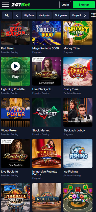 247 Bet Casino mobile live casino interface screenshot showing live dealer tables including blackjack and roulette - tested 247 Bet Casino mobile live casino interface screenshot showing live dealer tables including blackjack and roulette - tested
