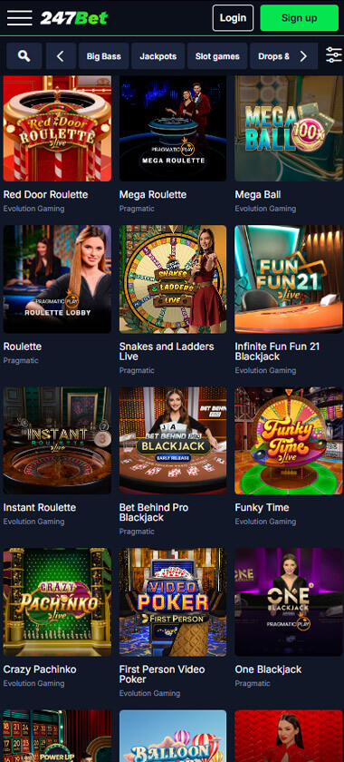 247 Bet Casino mobile live casino interface screenshot showing live dealer tables including blackjack and roulette - tested 247 Bet Casino mobile live casino interface screenshot showing live dealer tables including blackjack and roulette - tested