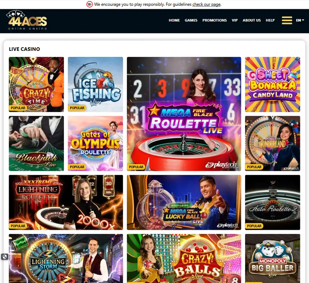 44 Aces Casino desktop live casino lobby screenshot featuring live dealer games and real-time streaming interface - review testing 44 Aces Casino desktop live casino lobby screenshot featuring live dealer games and real-time streaming interface - review testing