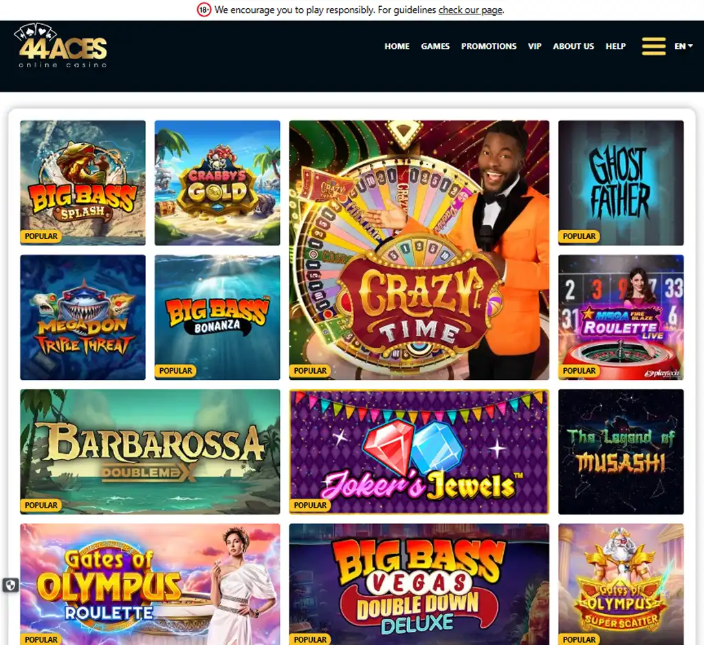 44 Aces Casino desktop slots lobby screenshot presenting variety of slot games with categories and providers - verified 44 Aces Casino desktop slots lobby screenshot presenting variety of slot games with categories and providers - verified