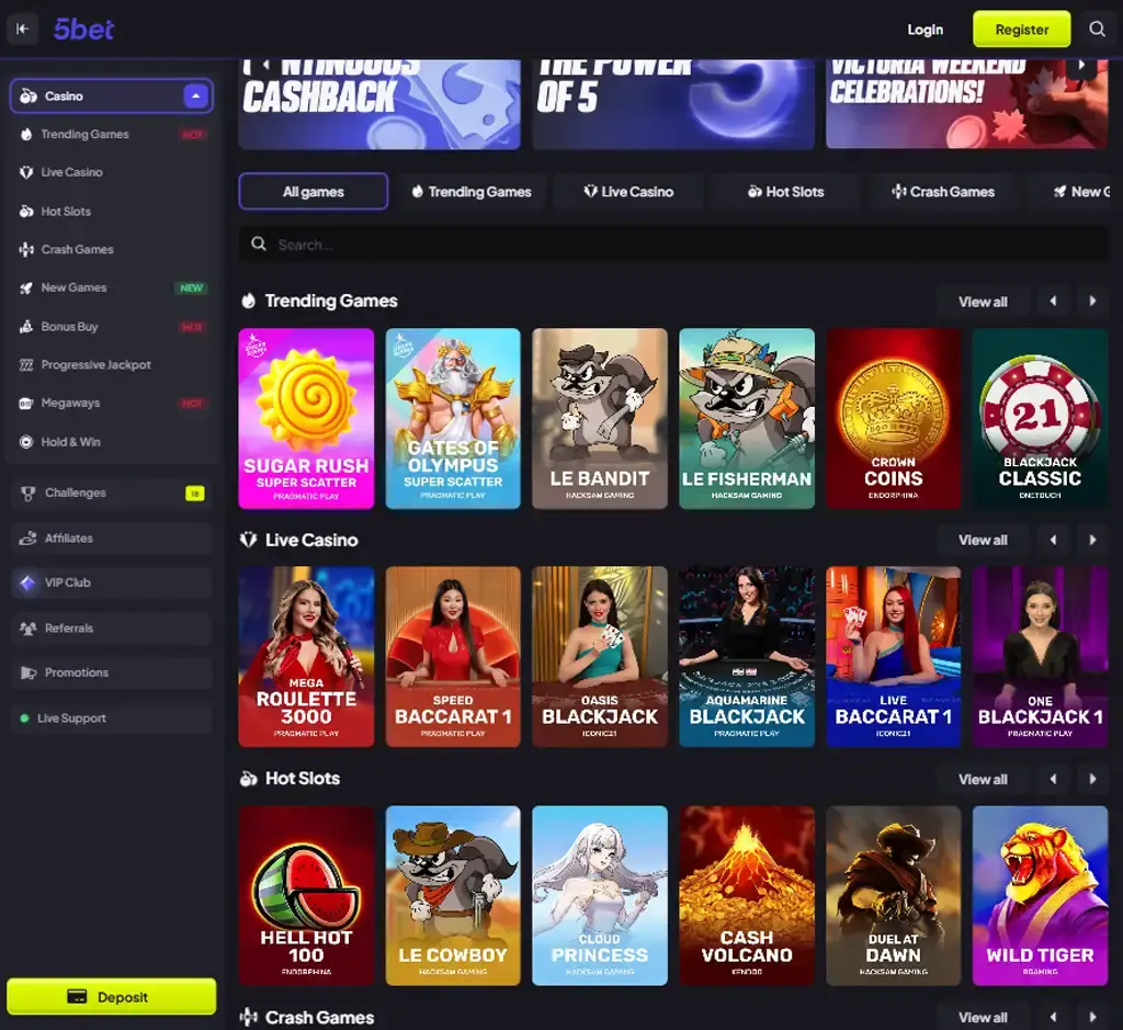 5Bet desktop homepage screenshot displaying main sportsbook and casino lobby with featured games, promotions and navigation menu - tested