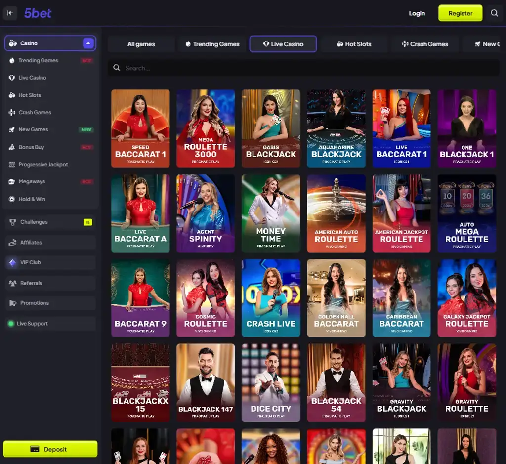 5Bet desktop live casino lobby screenshot featuring live dealer games and real-time streaming interface - tested