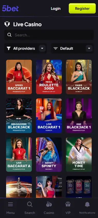 5Bet mobile live casino interface screenshot showing live dealer tables including blackjack and roulette - tested