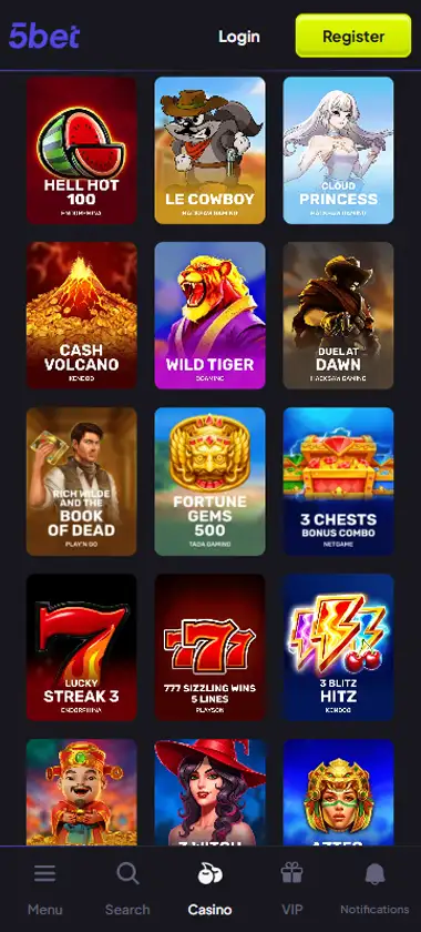 5Bet mobile slots interface screenshot showing slot game selection with popular titles and filtering options - captured during platform testing