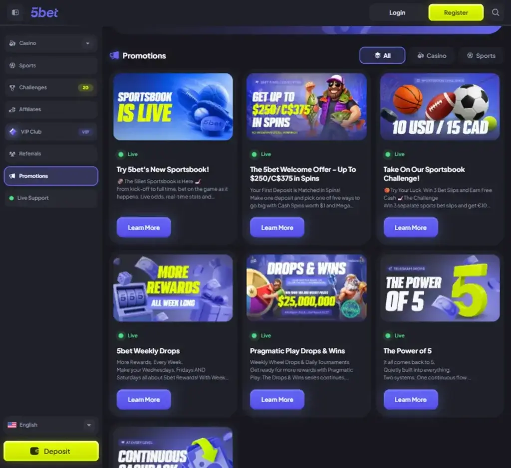 5bet Casino desktop promotions page displaying current casino bonuses, promotional offers and available player rewards - tested