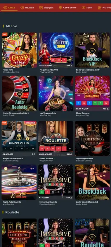 777 Vault mobile live casino interface screenshot showing live dealer tables including blackjack and roulette - tested