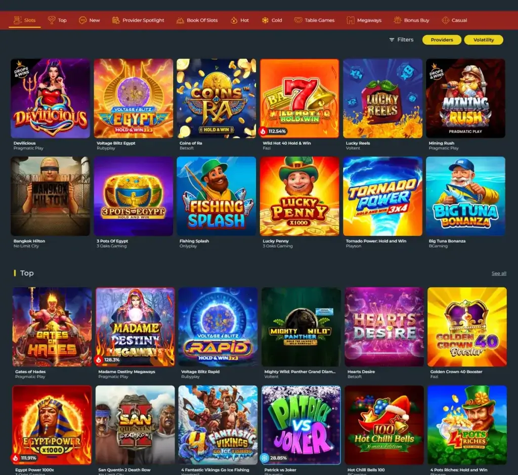 777 Vault desktop slots lobby screenshot presenting variety of slot games with categories and providers - verified