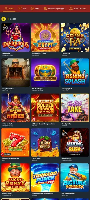 777 Vault mobile slots interface screenshot showing slot game selection with popular titles and filtering options - captured during platform testing