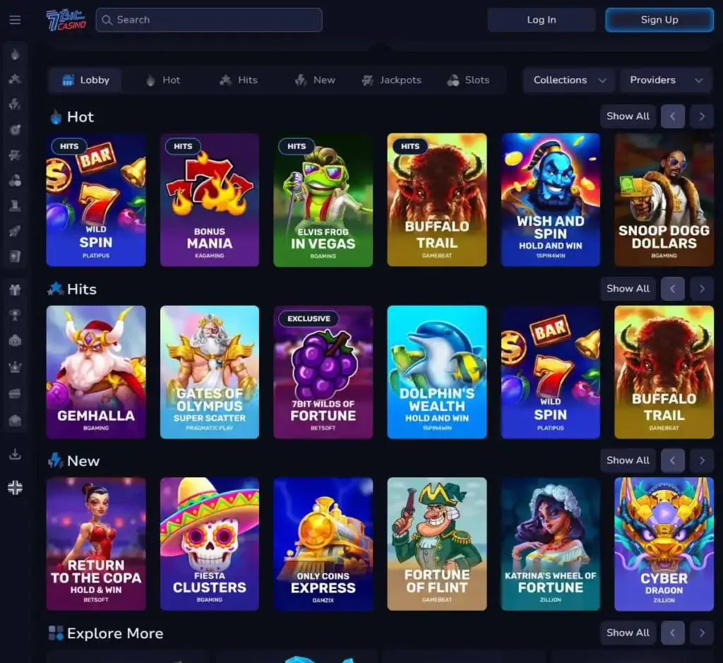 7Bit Casino desktop homepage screenshot displaying main casino lobby with featured games, promotions and navigation menu - Tested