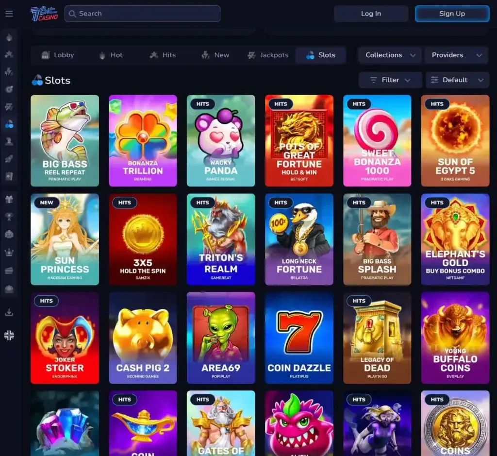 7Bit Casino desktop slots lobby screenshot presenting variety of slot games with categories and providers - Tested