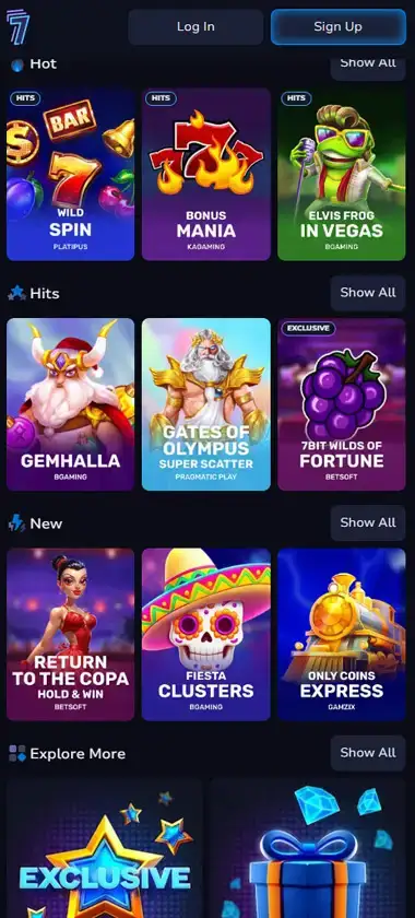 7Bit Casino mobile homepage screenshot showing main casino lobby with featured games and promotions - Tested