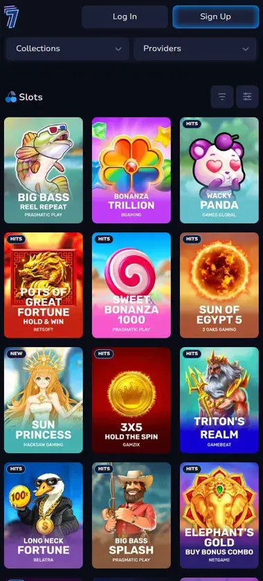 7Bit Casino mobile slots interface screenshot showing slot game selection with popular titles and filtering options - Tested