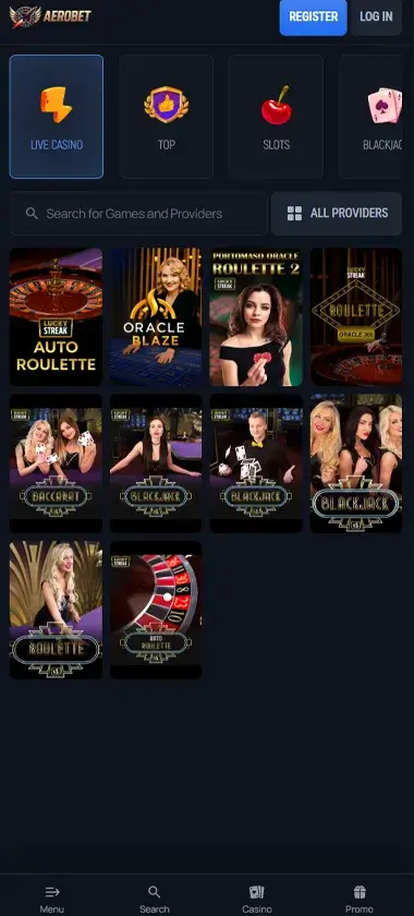 Aerobet Casino mobile live casino interface screenshot showing live dealer tables including blackjack and roulette - tested Aerobet Casino mobile live casino interface screenshot showing live dealer tables including blackjack and roulette - tested