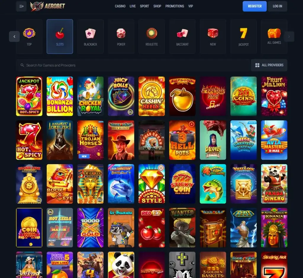 Aerobet Casino desktop slots lobby screenshot presenting variety of slot games with categories and providers - verified Aerobet Casino desktop slots lobby screenshot presenting variety of slot games with categories and providers - verified