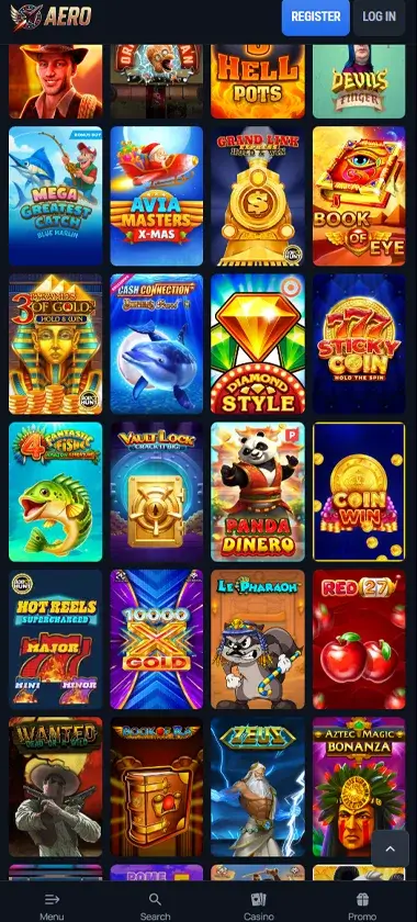 Aerobet Casino mobile slots interface screenshot showing slot game selection with popular titles and filtering options - captured during platform testing Aerobet Casino mobile slots interface screenshot showing slot game selection with popular titles and filtering options - captured during platform testing