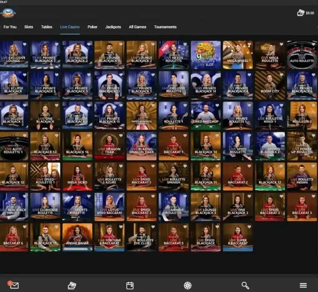 All Slots Casino desktop live casino lobby screenshot featuring live dealer games and real-time streaming interface - tested