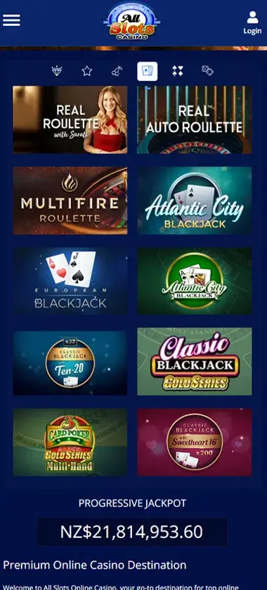 All Slots Casino mobile live casino interface screenshot showing live dealer tables including blackjack and roulette - tested