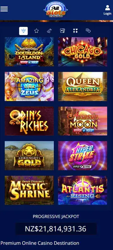 All Slots Casino mobile slots interface screenshot showing slot game selection with popular titles and filtering options - tested