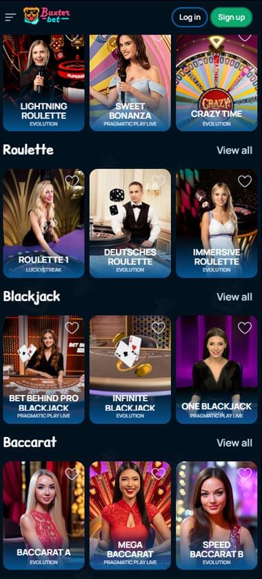 Baxter Bet mobile live casino interface screenshot showing live dealer tables including blackjack and roulette - tested