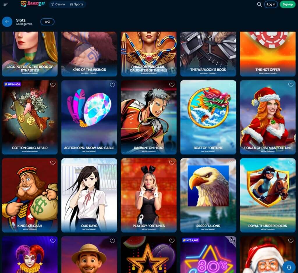 Baxter Bet desktop slots lobby screenshot presenting variety of slot games with categories and providers - tested