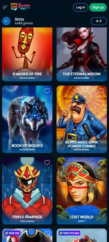 Baxter Bet mobile slots interface screenshot showing slot game selection with popular titles and filtering options - tested Baxter Bet mobile slots interface screenshot showing slot game selection with popular titles and filtering options - tested