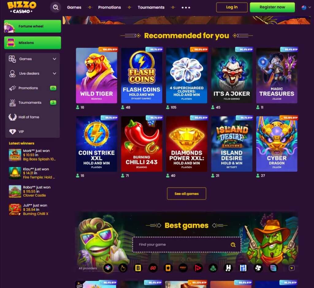 Bizzo Casino desktop homepage screenshot displaying main casino lobby with featured games, promotions and navigation menu - tested Bizzo Casino desktop homepage screenshot displaying main casino lobby with featured games, promotions and navigation menu - tested