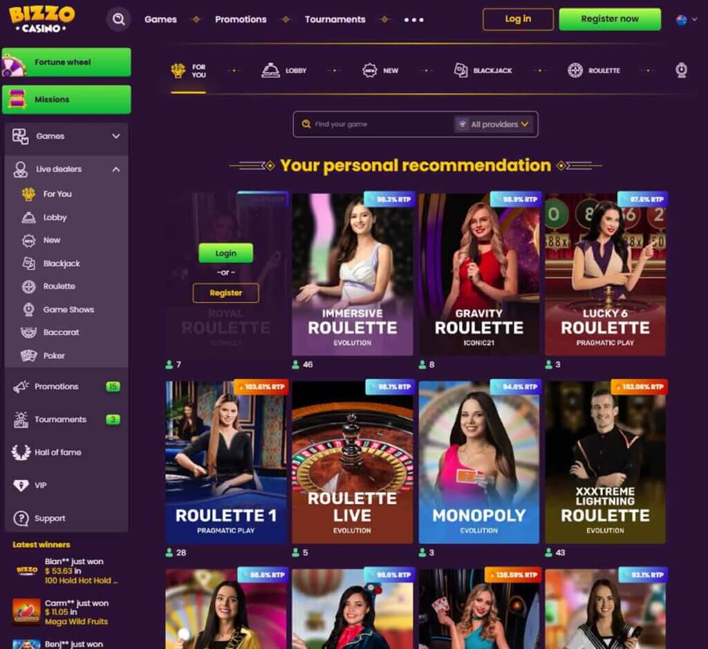 Bizzo Casino desktop live casino lobby featuring live dealer games and real-time streaming interface - tested Bizzo Casino desktop live casino lobby featuring live dealer games and real-time streaming interface - tested
