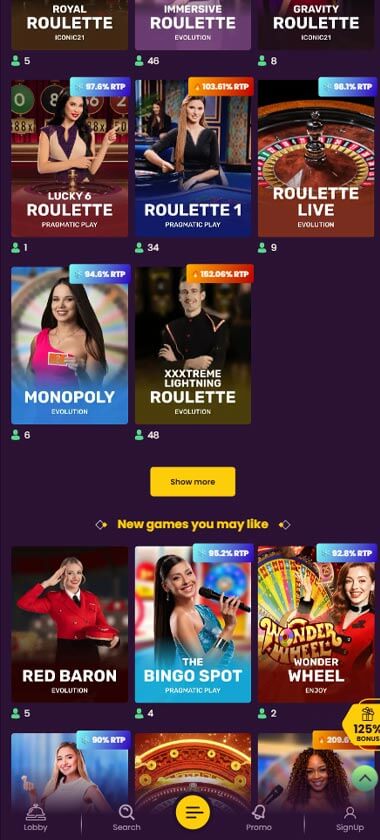 Bizzo Casino mobile live casino interface showing live dealer tables including blackjack and roulette - captured during platform testing