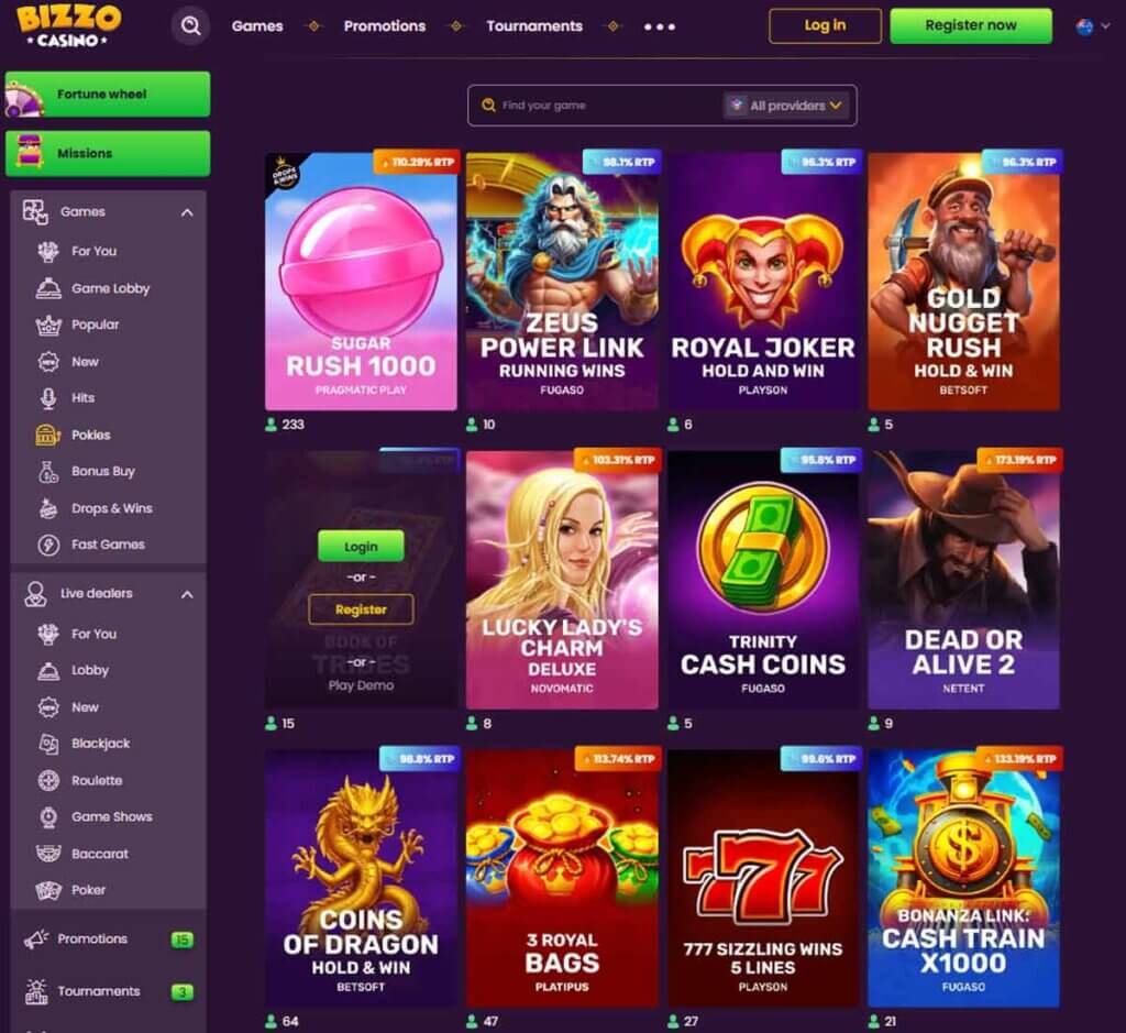 Bizzo Casino desktop slots lobby presenting a variety of slot games with categories and providers - tested Bizzo Casino desktop slots lobby presenting a variety of slot games with categories and providers - tested