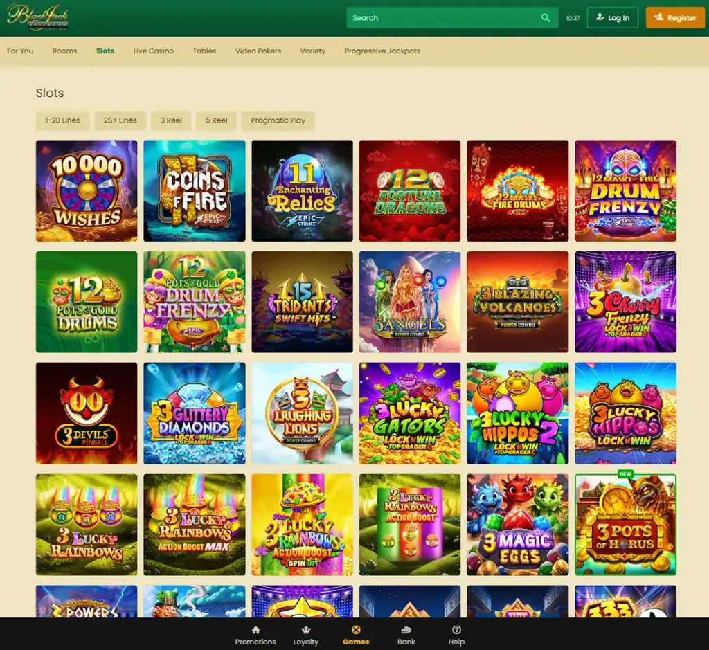 Blackjack Ballroom Casino desktop slots lobby screenshot presenting variety of slot games with categories and providers - tested