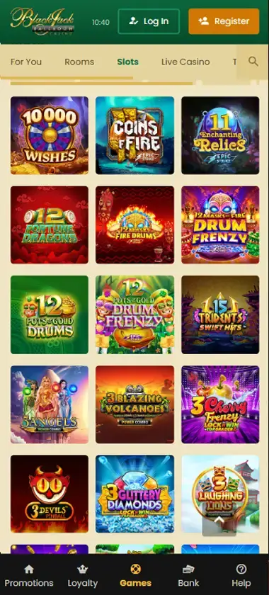 Blackjack Ballroom Casino mobile slots interface screenshot showing slot game selection with popular titles and filtering options - captured during platform testing Blackjack Ballroom Casino mobile slots interface screenshot showing slot game selection with popular titles and filtering options - captured during platform testing