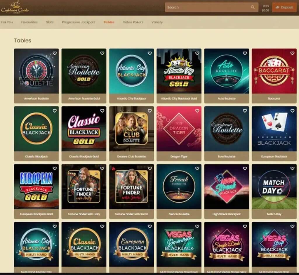 Captain Cooks Casino desktop table games lobby screenshot displaying classic casino games such as blackjack, roulette and baccarat - tested