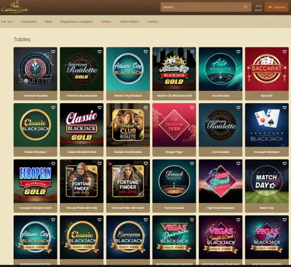 Captain Cooks Casino desktop table games lobby screenshot displaying classic casino games such as blackjack, roulette and baccarat - tested