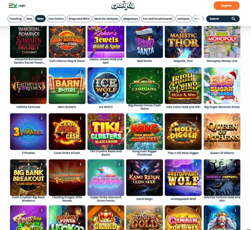 Casiku Casino desktop slots lobby screenshot presenting variety of slot games with categories and providers - tested Casiku Casino desktop slots lobby screenshot presenting variety of slot games with categories and providers - tested