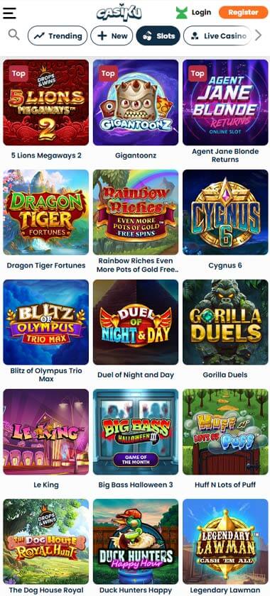 Casiku Casino mobile slots interface screenshot showing slot game selection with popular titles and filtering options - tested Casiku Casino mobile slots interface screenshot showing slot game selection with popular titles and filtering options - tested