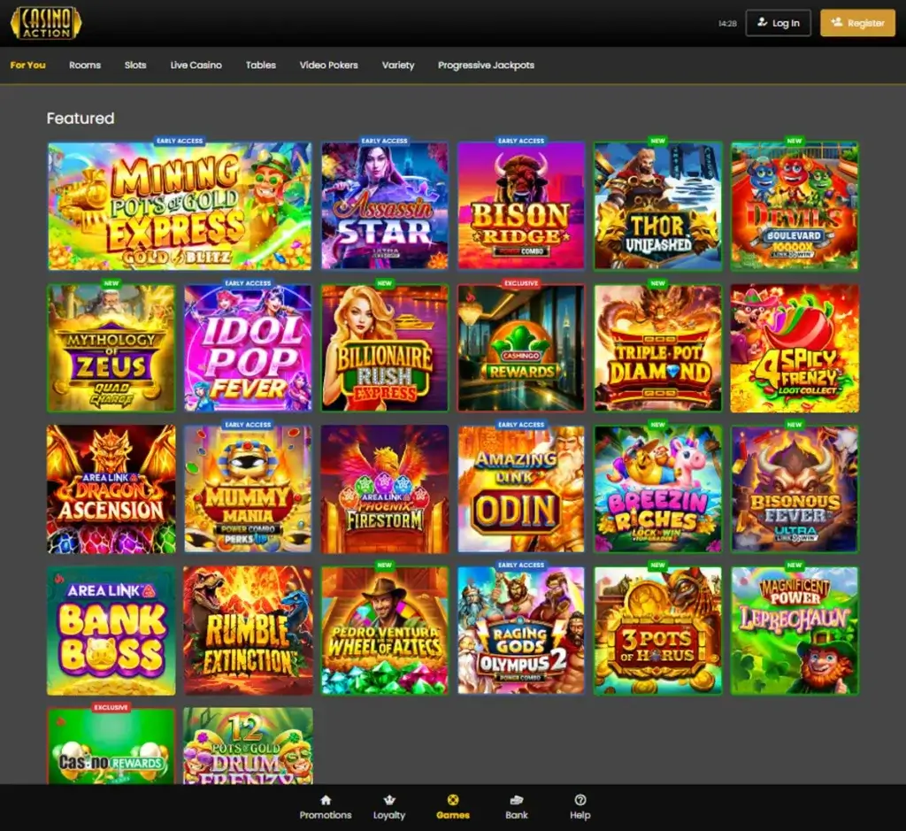 Casino Action desktop homepage screenshot displaying main casino lobby with featured games, promotions and navigation menu - tested Casino Action desktop homepage screenshot displaying main casino lobby with featured games, promotions and navigation menu - tested