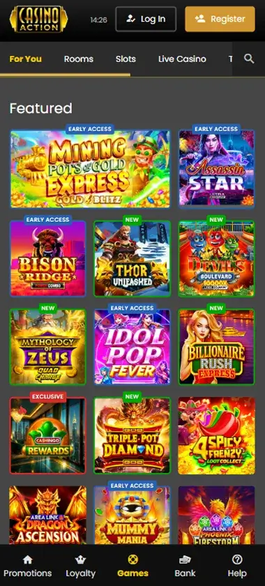 Casino Action mobile homepage screenshot showing main casino lobby with featured games and promotions - captured during platform testing Casino Action mobile homepage screenshot showing main casino lobby with featured games and promotions - captured during platform testing
