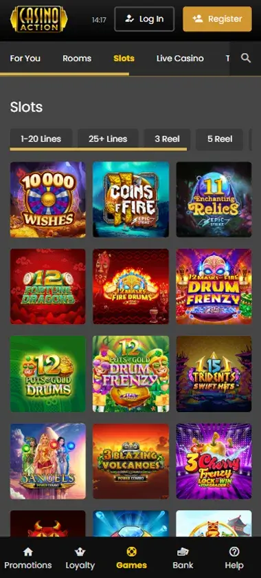 Casino Action mobile slots interface screenshot showing slot game selection with popular titles and filtering options - captured during platform testing Casino Action mobile slots interface screenshot showing slot game selection with popular titles and filtering options - captured during platform testing